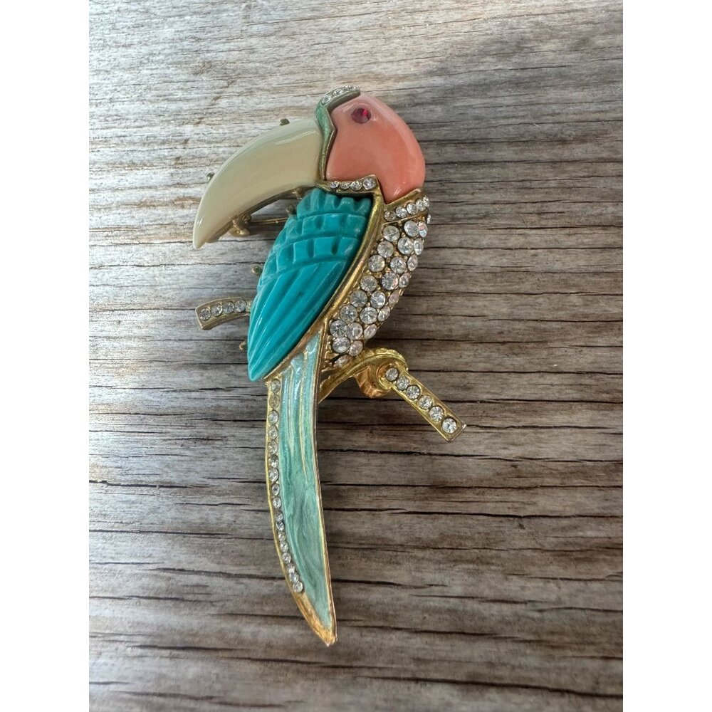 Hattie Carnegie Enamel Rhinestone Brooch Bird Toucan Pin Unsigned - Picture 5 of 13